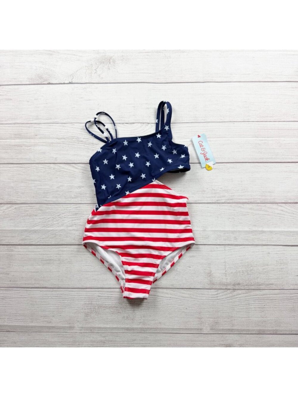 Cat & Jack Girls One Piece Swimsuit Stars Stripes Red White Blue Cutout NWT M 8